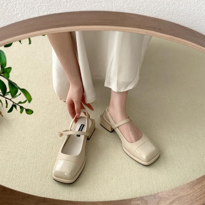 Fashion Women Square Toe Mary Jane Sandals Design Chunky Heel Dress Shoes Summer New Fashion Slingback Walking Party Pumps Zapatos Mujer