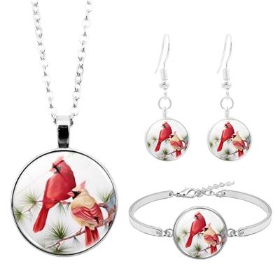 3 pezzi/set orecchini braccialetto collana da donna con pendente cabochon in vetro uccello cardinale
