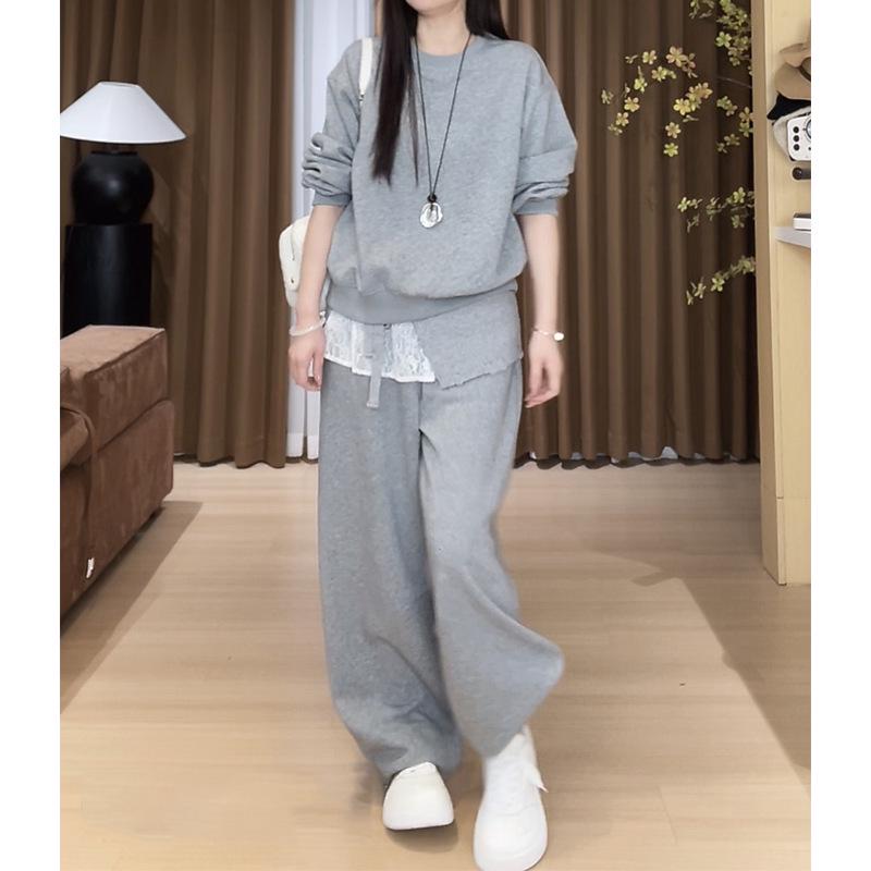

2026 Spring Minimalist Lace Round Neck Hoodie & High Waist Sweatpants Set M