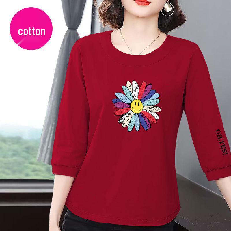 

Women s Korean Style Summer 2025 Loose-Fit Cotton T-Shirt with Slimming Seven-Sleeve Design 3XL (140-160 lbs recommendation) красный