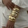 Vintage Wide Cuff Bangles Hip Hop Punk Hammered Texture Gold Color Geometric Metal Spring Bangles For Women Bracelets Men Jewelr
