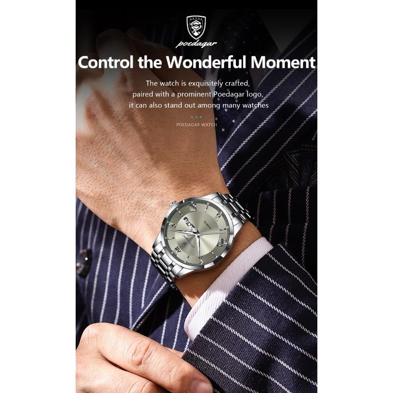 POEDAGAR Luxury Fashion Men Clock Waterproof Luminous Week Date Sports Wristwatch Stainless Steel Quartz Watches Reloj