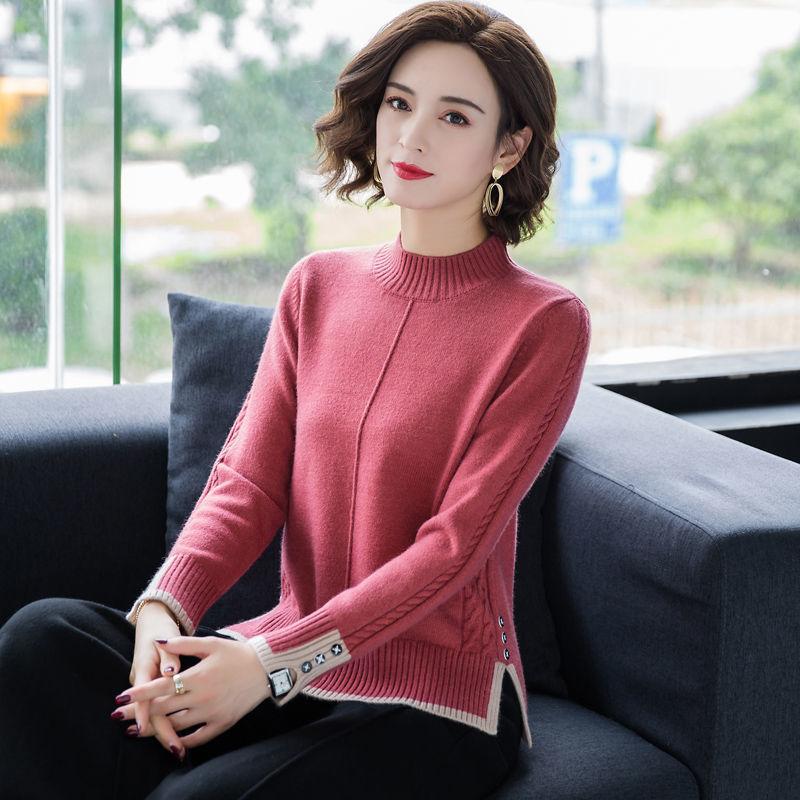 Autumn and Winter Women's Sweater Mid Neck Women's Cinched Waist Knitted Sweater