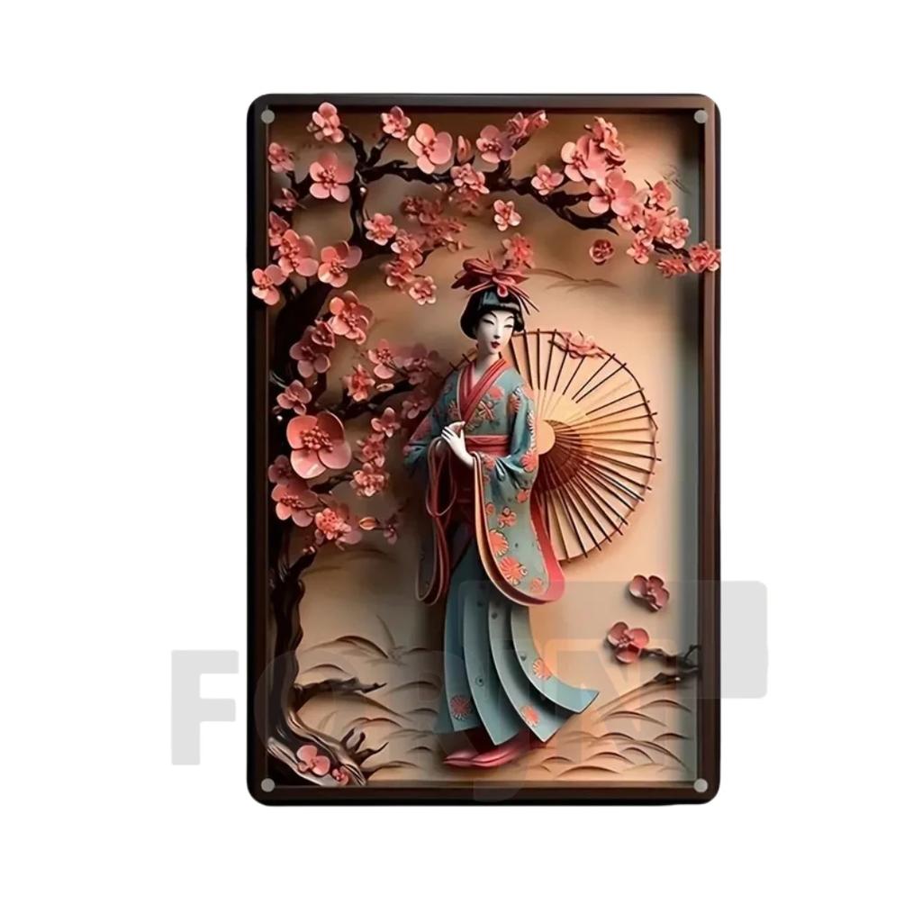 Panneau Métal Kimono Geisha Japonaise, Affiche Art Élégant Japon Fleurs de Cerisier 2D, Décor Mural Maison, Chambre, Bureau, Izakaya, café, Studio