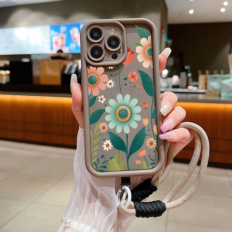 Wrist Chain Lanyard Phone Case for iPhone 11 12 13 14 15 16 Pro MAX XS Max XR 7 8 16 Plus Cute Flower Hand Strap Soft TPU Cover