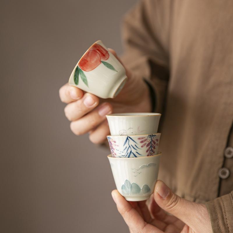 Hand-painted Ceramic Tea Cup, Kung Fu Tea Set, Master Cup, Peach Handmade Tea Cup, Home and Office Fragrance Cup