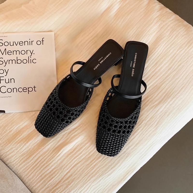 Shoes retro woven hollow thick heel cool slippers women's half drag summer