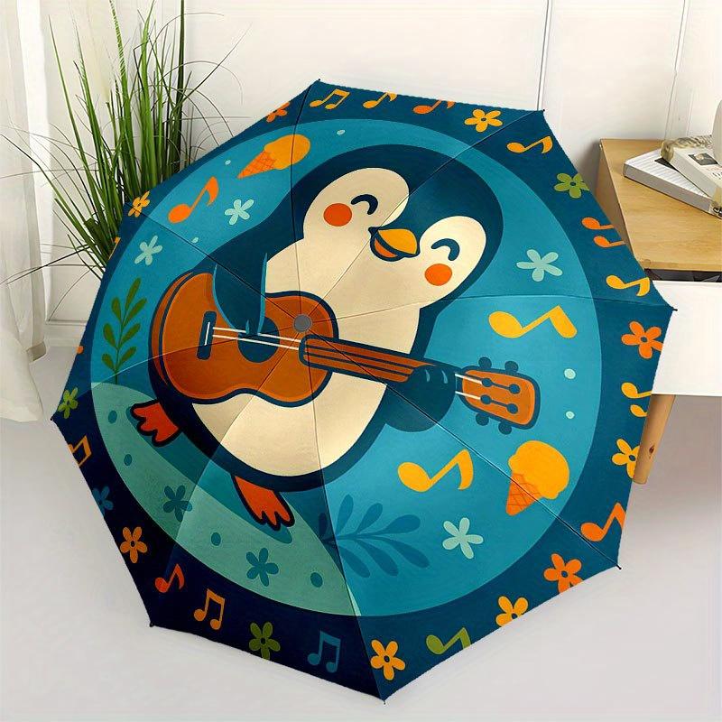 Happy Penguin Playing Guitar Sticker Umbrella, Cute Umbrella with Cute Design, Portable 3-Fold Compact Umbrella for Men & Women, Valentine's Day Mothe