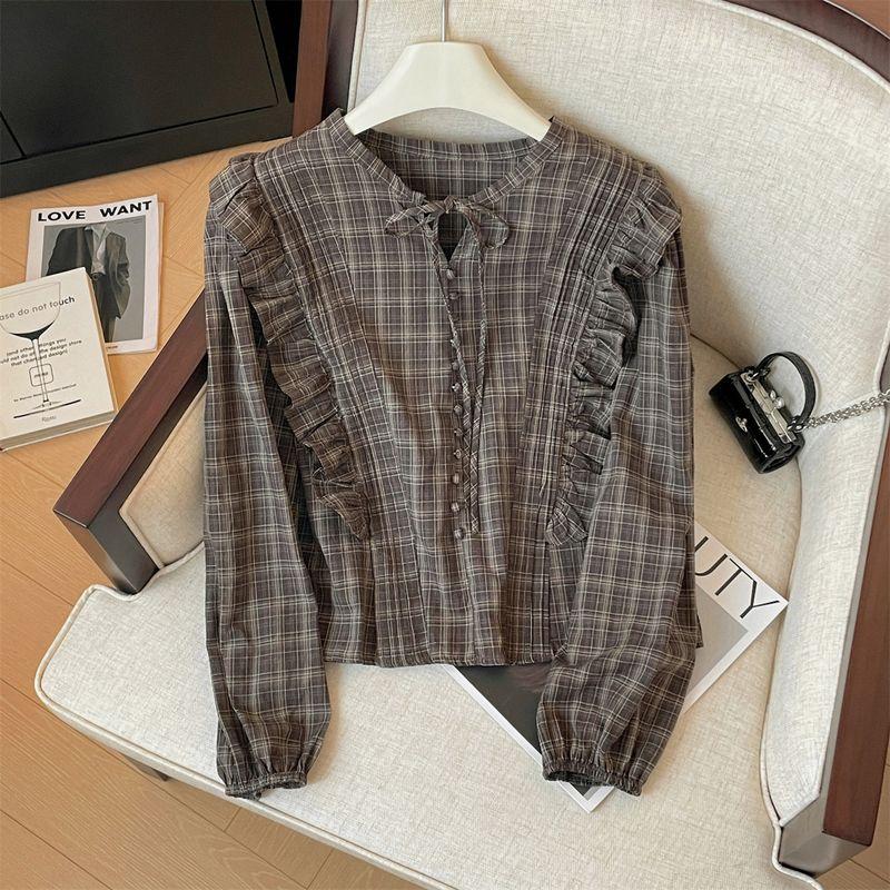 

Осенняя Свободная Рубашка в Клетку с Полуоткрытым Воротником на Завязках и Длинными Рукавами Brown Gingham S