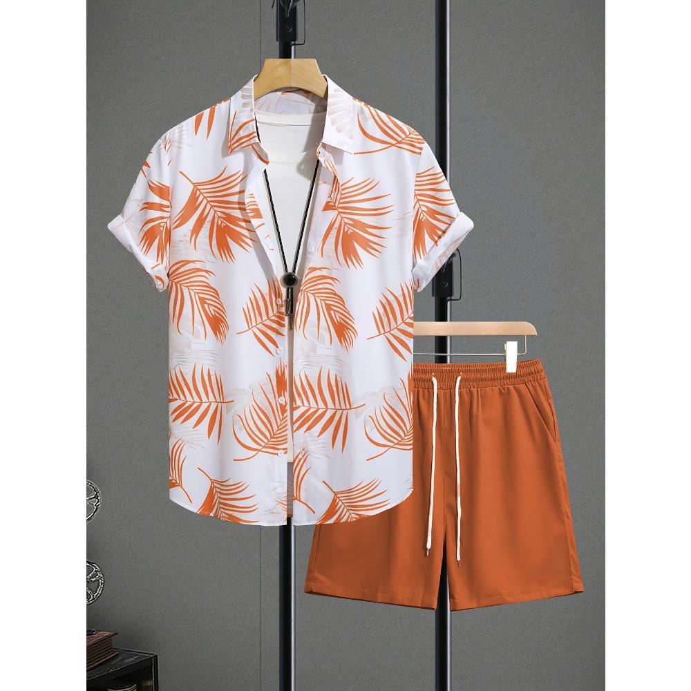 2 Stück Sommer Herren Tropische Stranddrucke Shorts & Hemden Set Kordelzug Taille Strandbekleidung Tropischer Druck Asiatische Größe Mode