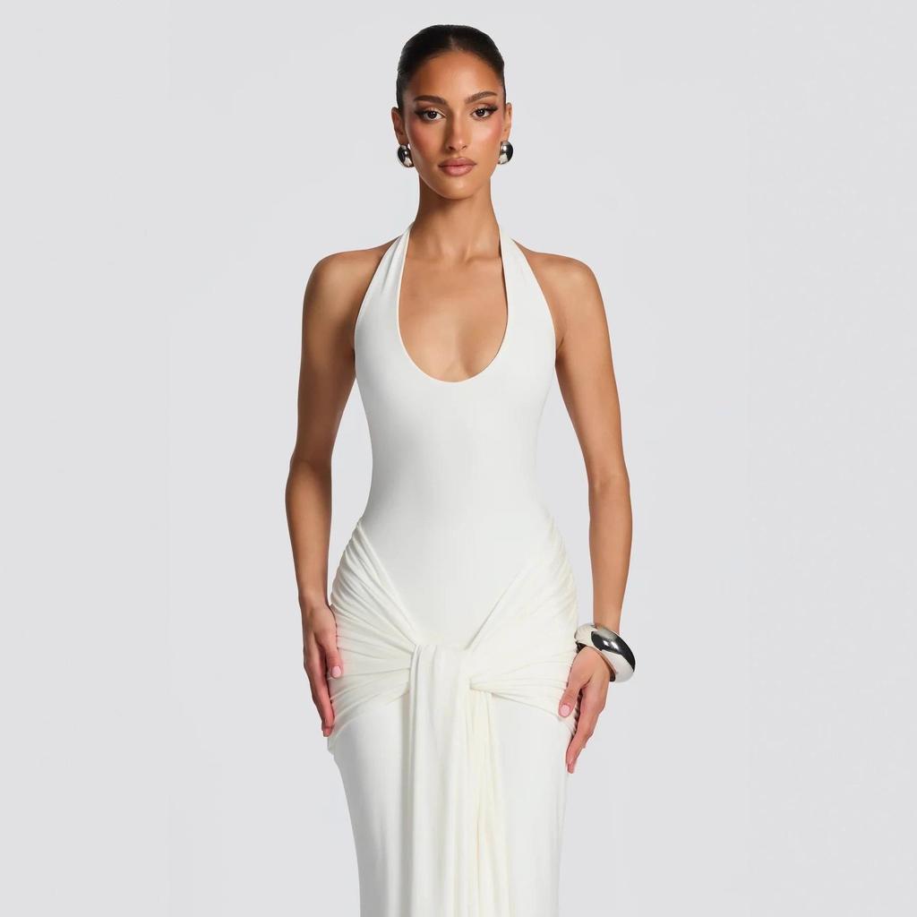2026 European & American Women's Sleeveless U-Neck Slim-Fit Evening Gown with Waist-Cinched Ribbon