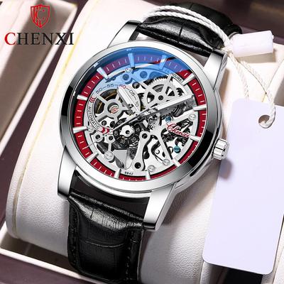 Nuevo reloj de lujo de marca TOP para hombre con caja, correa de cuero, resistente al agua, luminoso, automático, hueco, relojes mecánicos para hombre
