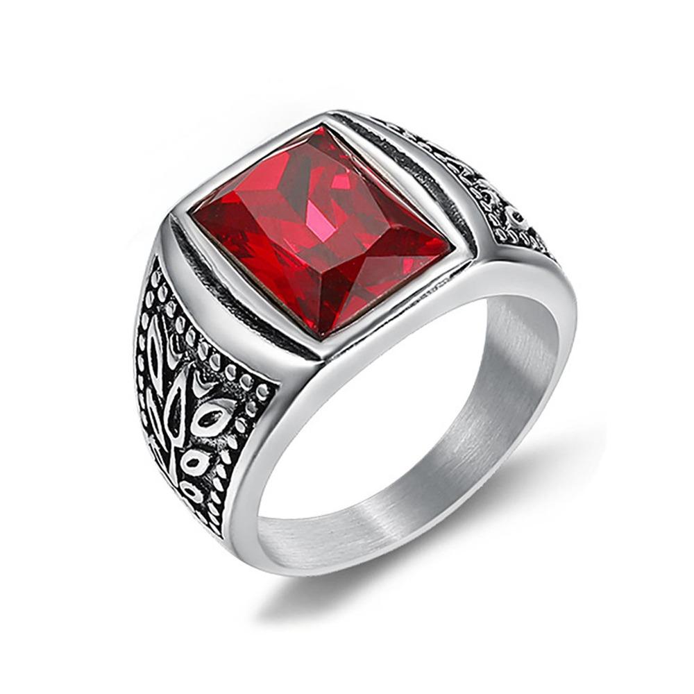 Personalized Simple Ring, Tulip Ruby And Black Gemstone Jewelry, Stainless Steel Men'S Gemstone Ring.