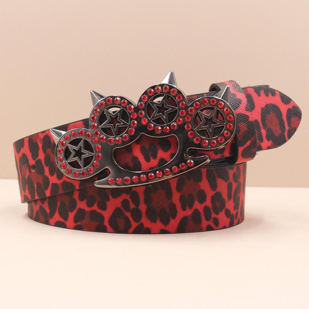 Y2K Leopard Print Rhinestone Tiger Claw Punk Women's Leather Belt