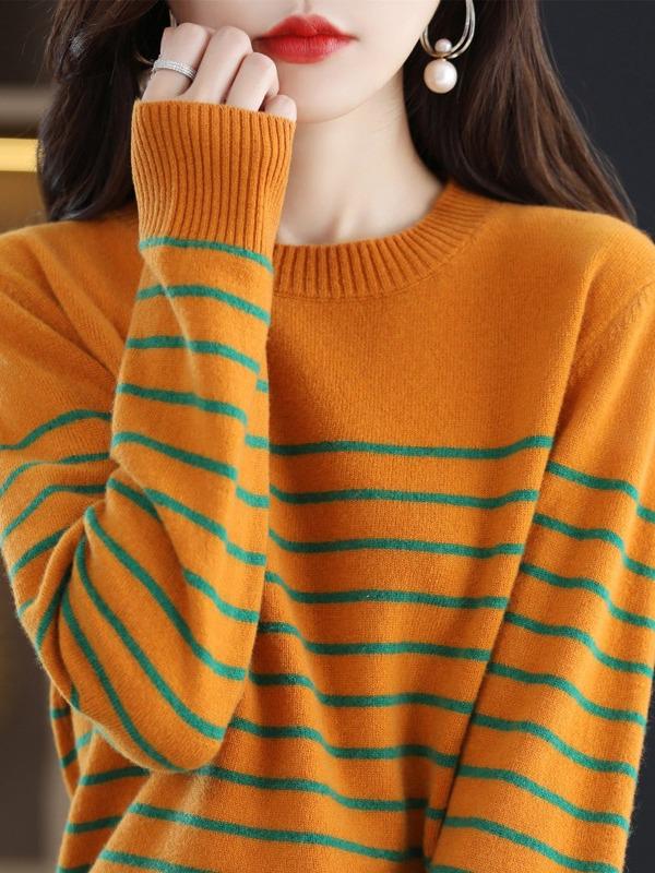 Women's Slim Fit Striped Pullover Sweater - 2024 Autumn/Winter Collection