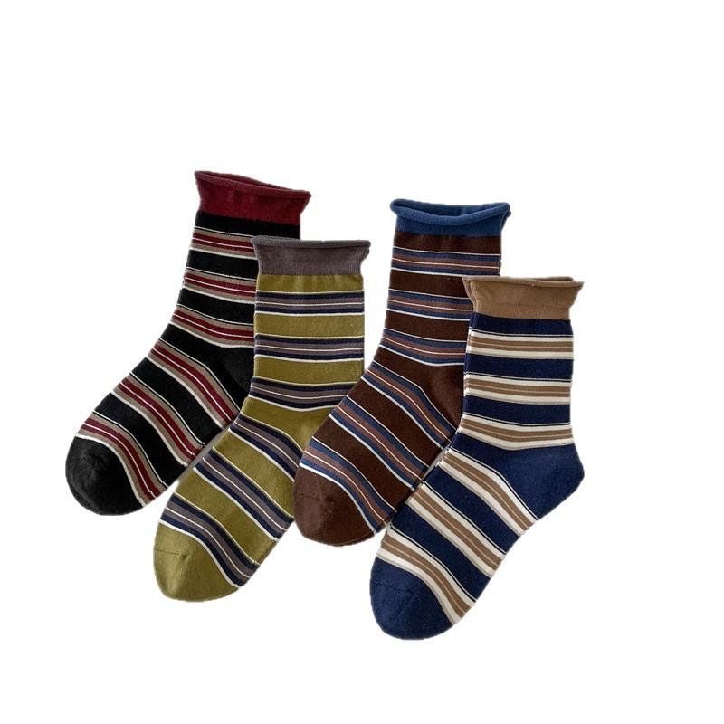 Autumn and Winter Socks for Women, Retro Hong Kong-style Striped Pure Cotton Mid-calf Socks, Boneless Rolled Edge Color-blocking Pile Socks