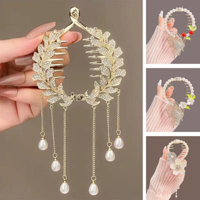 Elegant Flower Faux Pearl Tassel Hair Claw Shining Rhinestone Hair Clip Women Hair Barrette Girl Bun Hair Holder Fringe Hairpin