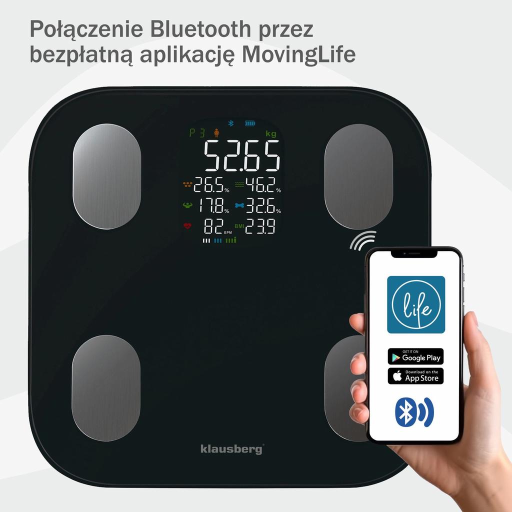 Waga łazienkowa z pomiarem tkanki tłuszczowej i składu ciała, Smart, BT,  KLAUSBERG KB-7854 czarna