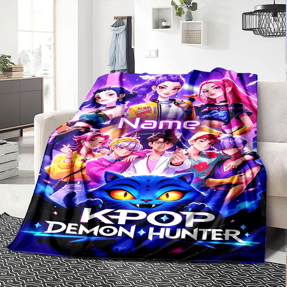 Custom Name Kpop Demon Hunters Theme Printed Blanket Perfect For Couch Bed Travel Outdoor Use Machine Washable Cozy Durable
