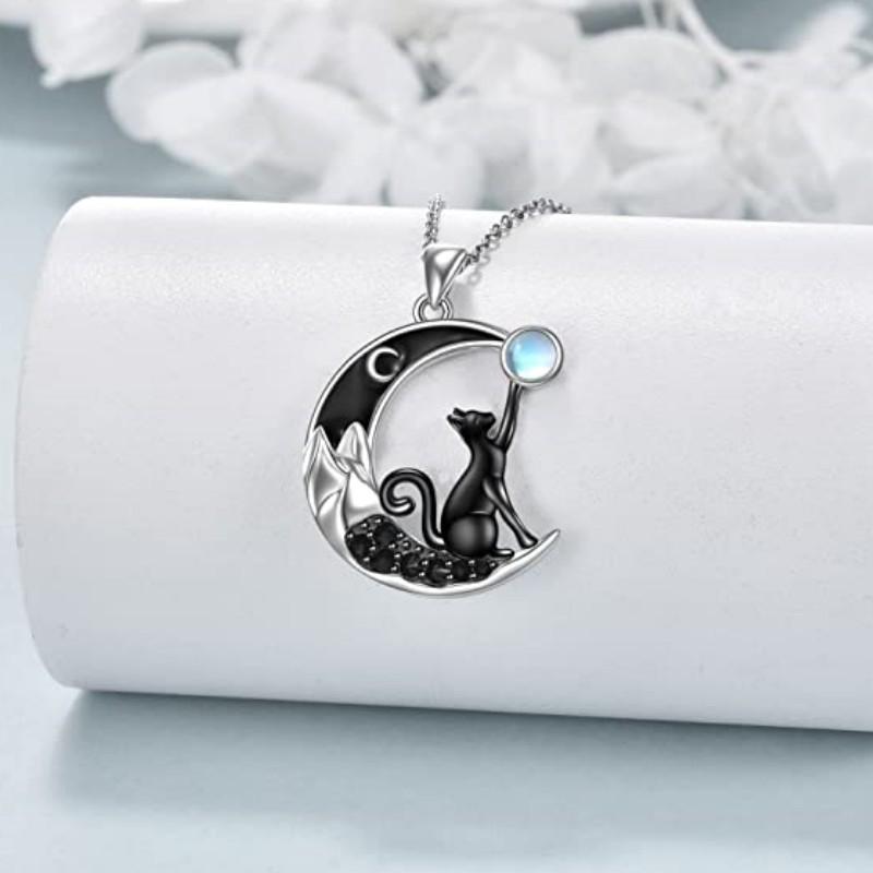 Creative Black Cat Crystal Moon Pendant Necklace For Women Cute Kitten Moonstone Choker Couple Y2K Jewelry Birthday Party Gift
