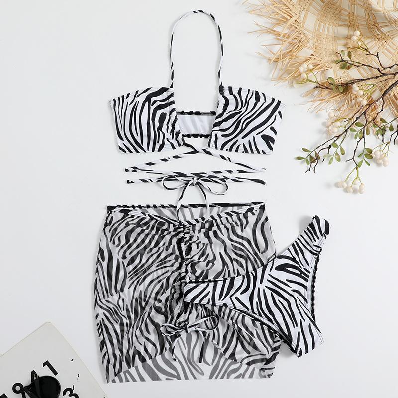 European and American striped print drawstring lace-up three-piece swimsuit bikini bikini swimsuit S чёрный