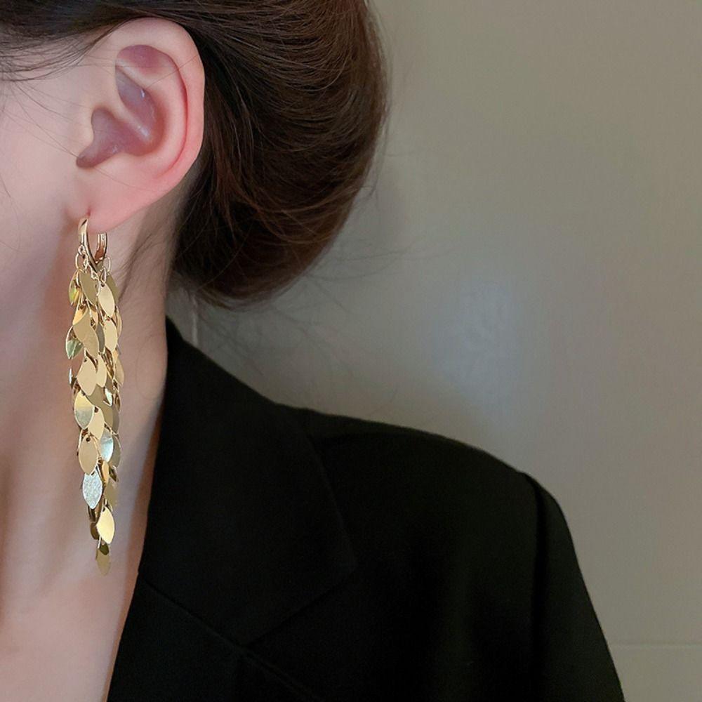 Korean Style Metal Sequin Earrings Zinc Zinc Alloy Gold Earrings Charm Long Tassel Dangle Earrings Girl