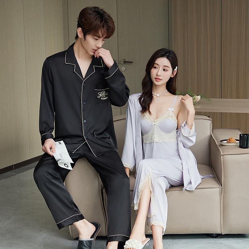 Korean Version of Couple Pajamas Men's Spring and Summer Ice Silk Thin Silk Women's Suspender Nightgown Morning Gown High-end Long-sleeved Suit