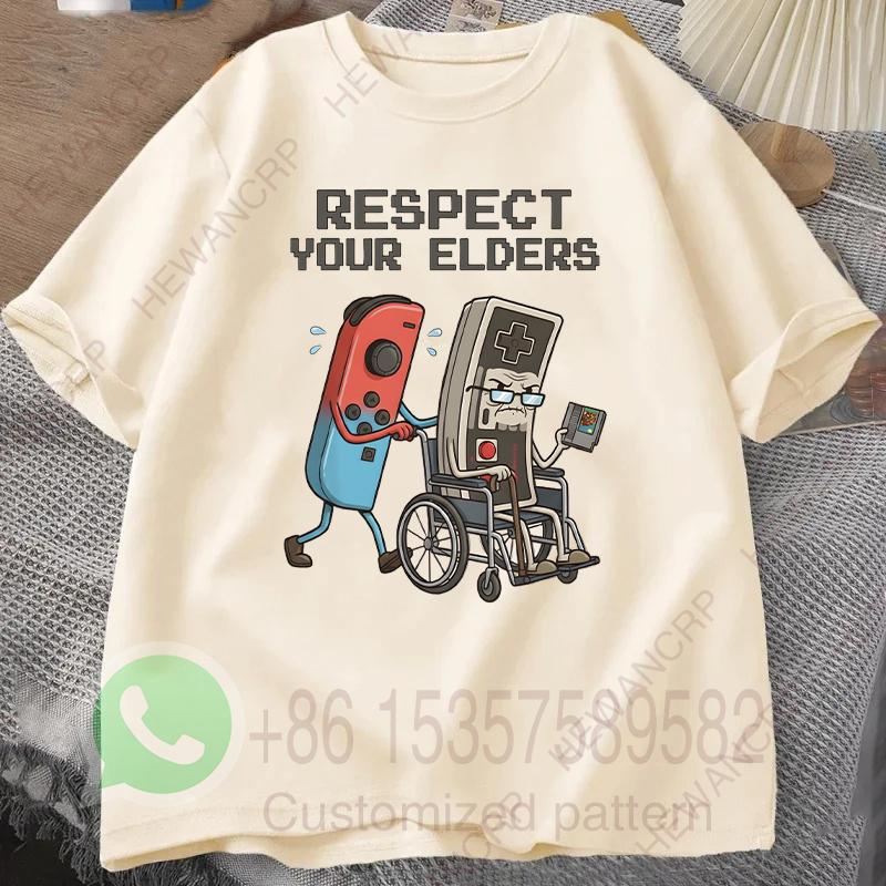Respect Your Elders Mens Tshirt Summer Tracksiut Roundneck Pullovers Shortsleeved Tops Harajuku Cotton Casual Streetwear