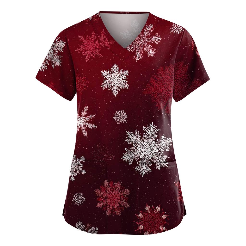 Women's Fashion V-Neck Short-Sleeved Workwear With Pockets Christmas Print Top Caregiver Uniform