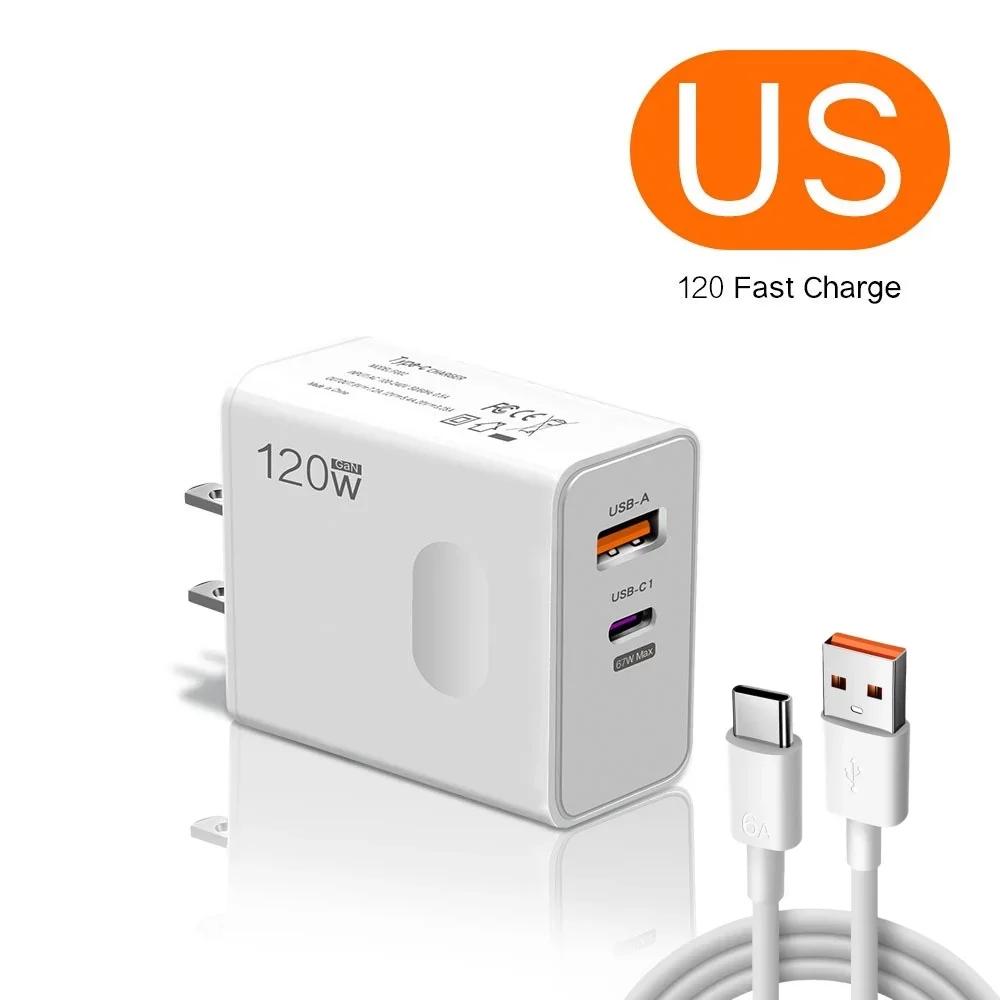 120W GaN USB C PD Charger Quick Charge 3.0 Fast Phone Charger Adapter For iPhone 16 Xiaomi EU/US Plug Portable Wall Fast Charger