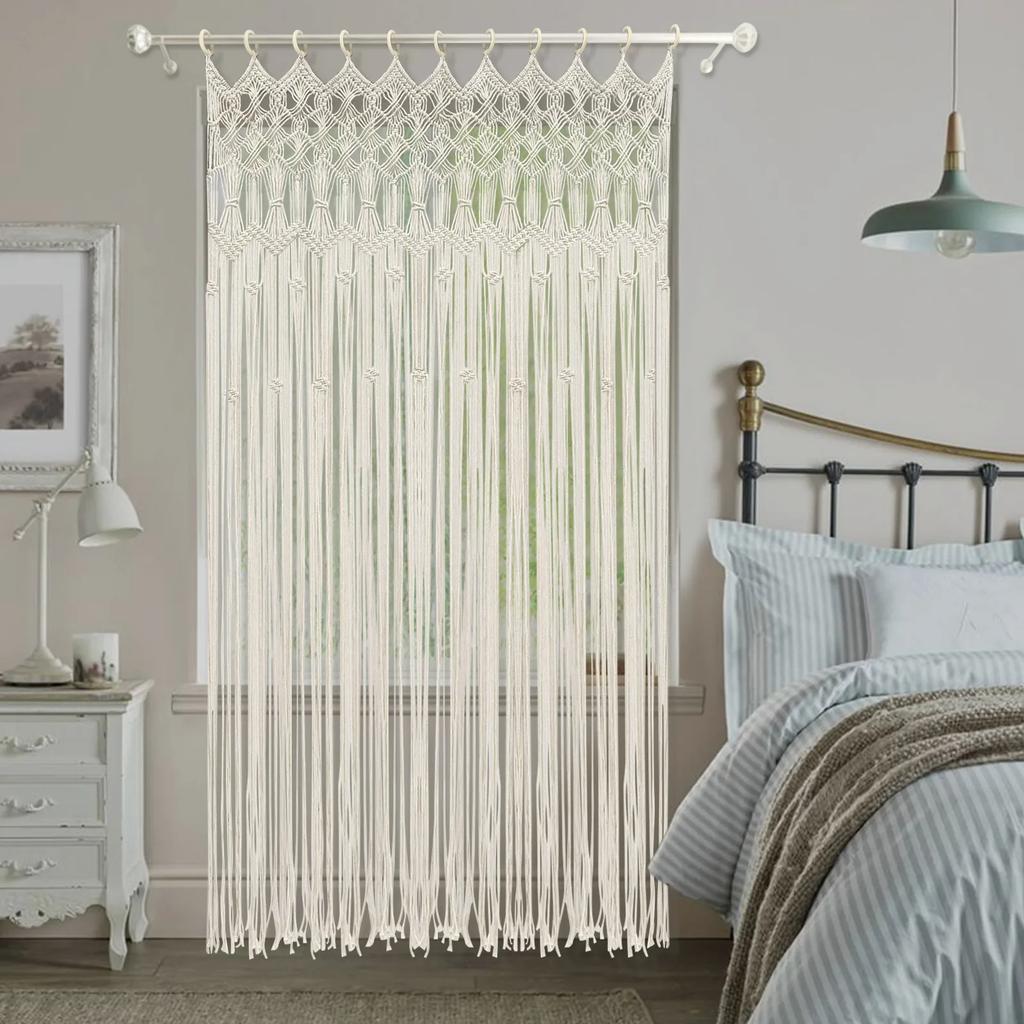 120 x 195 cm Makramee Türvorhang, Handgefertigter Boho-Stil Vorhang Großer Handgewebter Vorhang mit Holzring Baumwollgewebte Dekoration