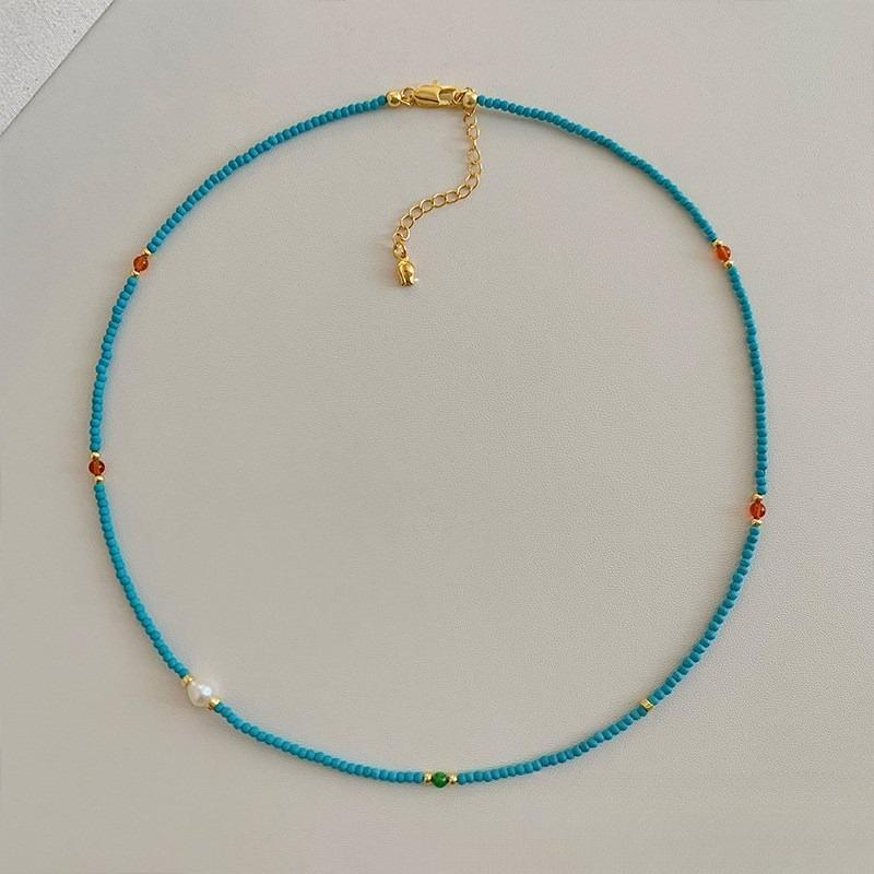 Fine Natural Freshwater Small Pearl Turquoise Head Beaded Necklace Women s Light Luxury High Niche Collarbone Chain