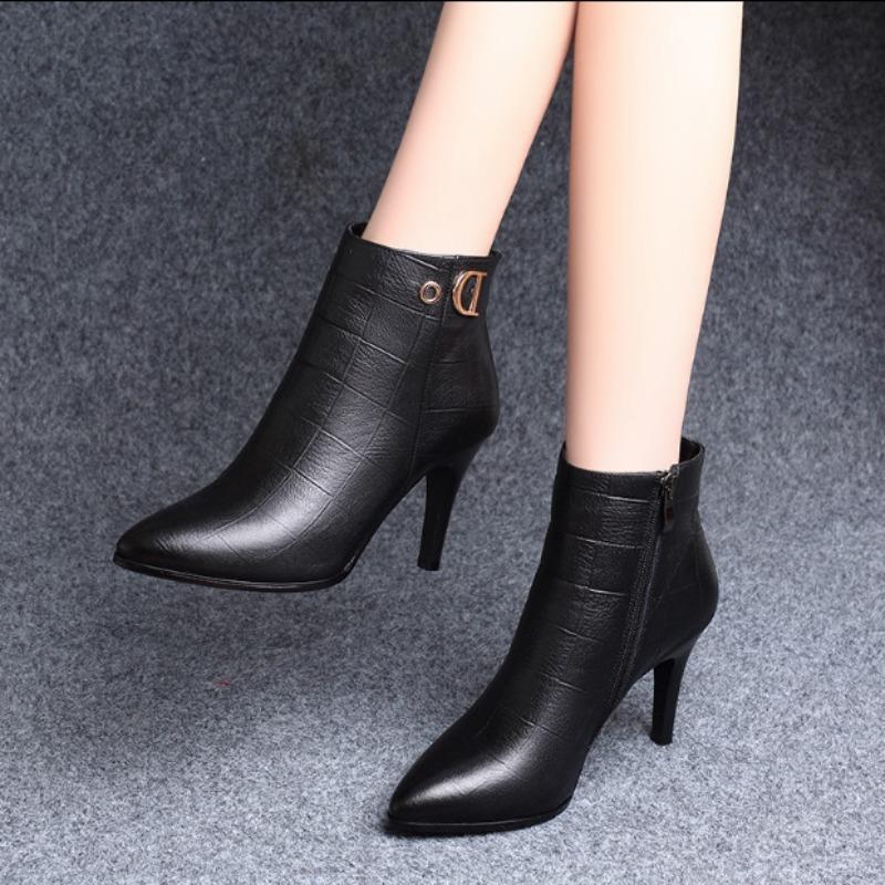 Heeled Pointed Toe Leather Female Short Shoes Autumn Winter Black Warm Women's Ankle Boots High Quality Y2k Goth Booties Sale