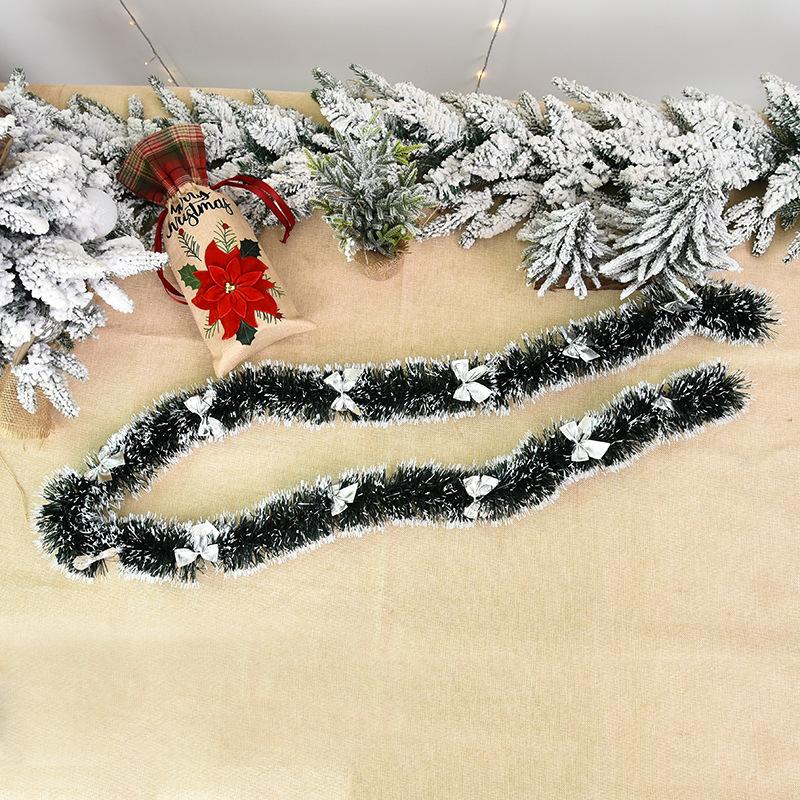 Christmas Tree Garland with Green Bow, White Tip Decoration, Festive Tinsel Ribbon for Xmas Tree Decor, Holiday Party Streamers