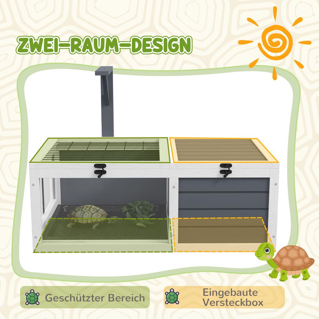 Tortoise Table with Wooden Lamp Holder, Wooden Tortoise House W/ Openable Lids, Pull-Out Trays - Grey