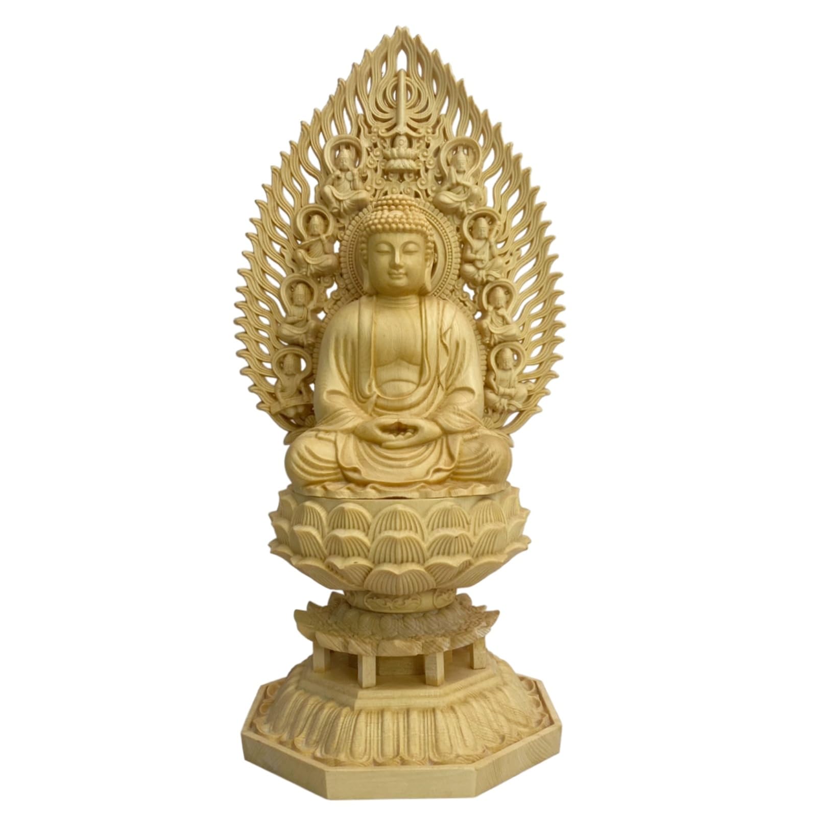 

Lunari Buddha Statue, Shakyamuni Buddha, Kannon Bodhisattva, Flying Celestial Being Halo, Eight-Panel Base, Wood Carving, Seated Statue, Buddhist