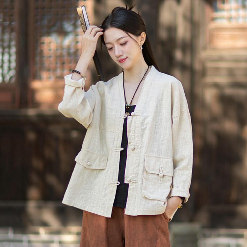 Johnature Women Vintage Shirts Tops Spring Chinese Style Button Blouses Patchwork Pockets Shirts