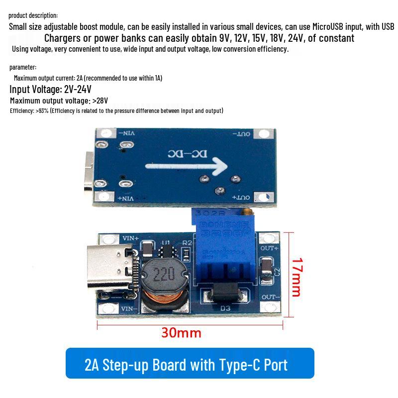 MT3608 Adjustable DC-DC Boost Module: 2A Step-up Board, Input 3V/5V, Output 5V/9V/12V/24V