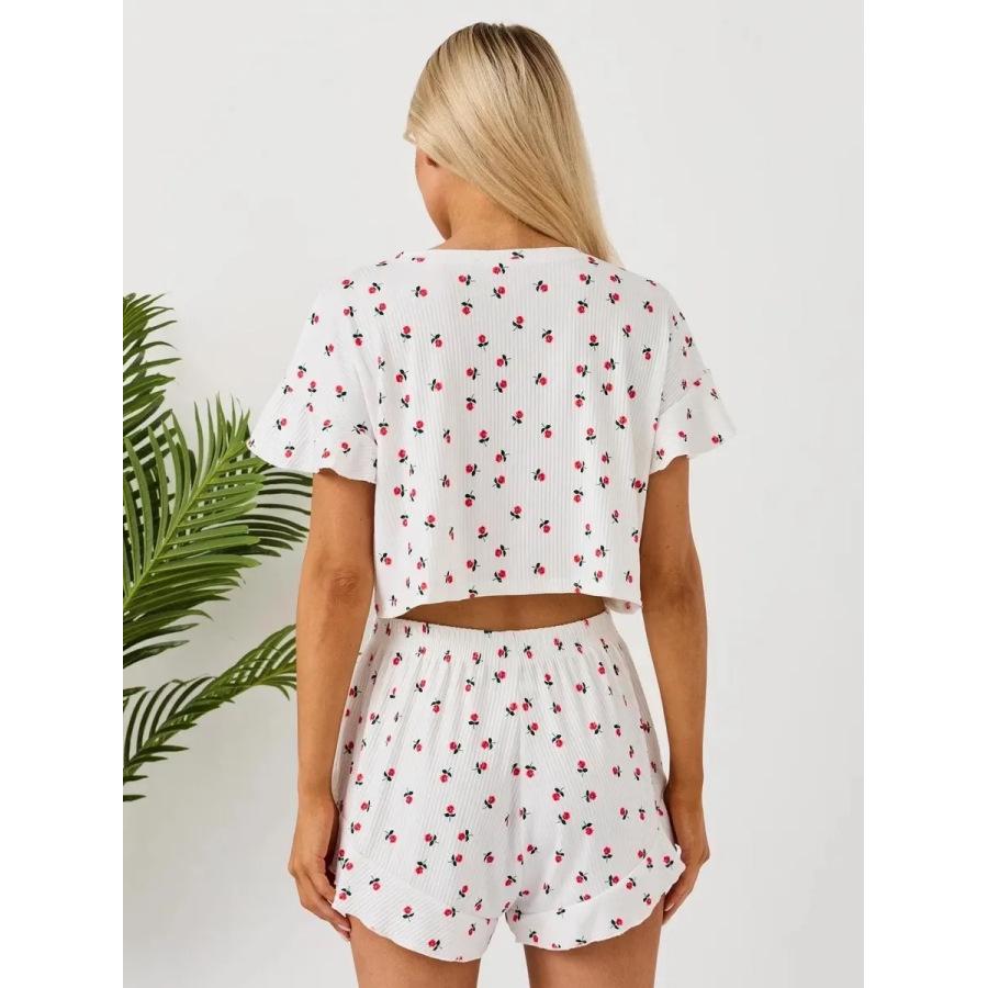 Summer Flower Printing Thin Pajamas Set Women Homewear Sexy Lotus Leaf Edge Short Sleeve Crop Tops and Shorts 2 Pieces Sleepwear