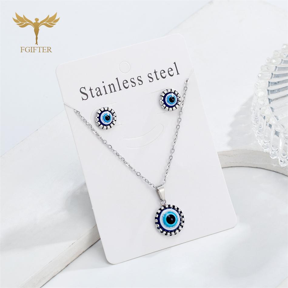 Fashion Turkish Blue Resin Eye Zircon Set Stainless Steel Chain Pendant Necklace Stud Earrings Women Accessories Lucky Amulets