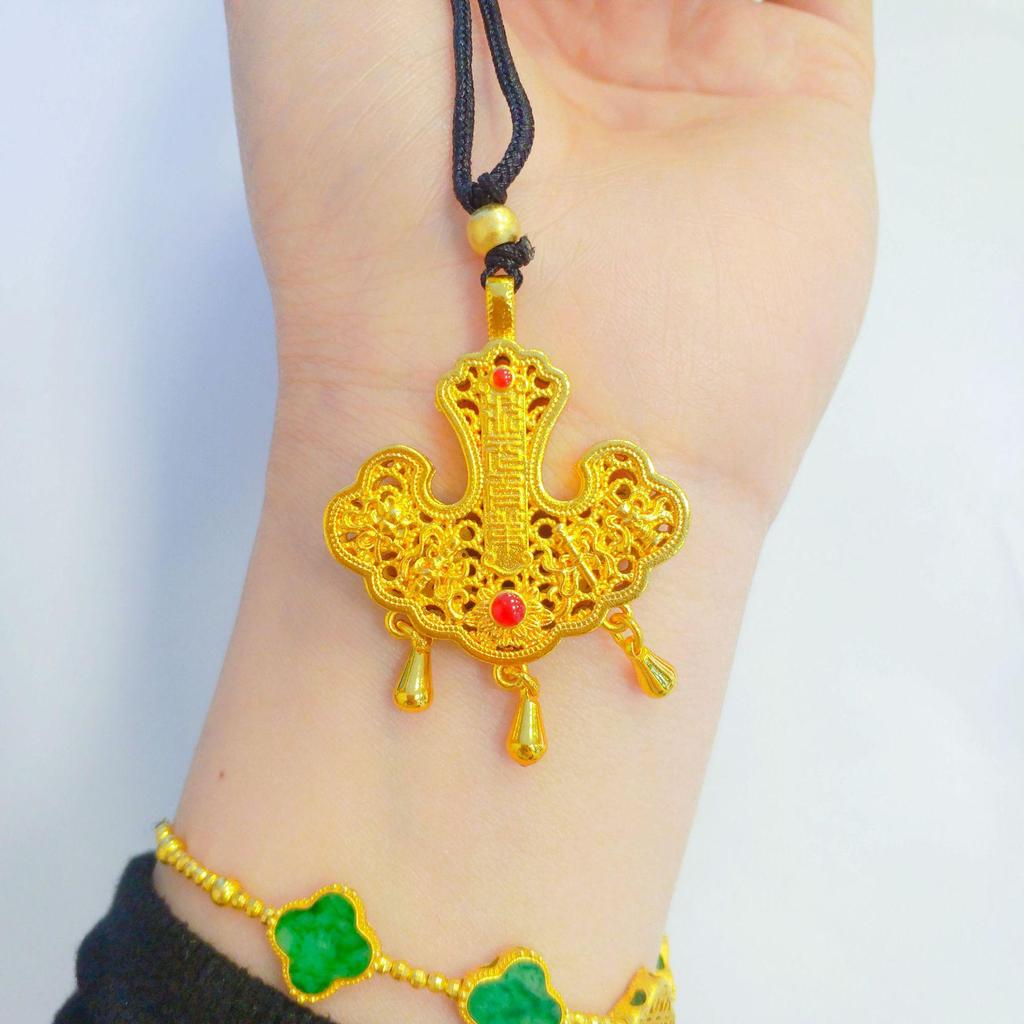 Golden Ruyi Lock Pendant: Chinese National Trend Style, Sand Gold Finish Necklace.