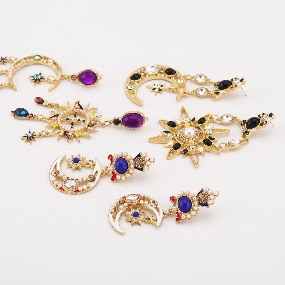 Handmade Sun&Moon Earrings Medieval Style Crystal Earrings Elegant Dangle Earring  Women