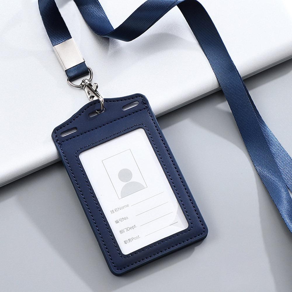 High Quality PU Leather Work Card Holder With Neck Lanyard Solid Color ID Card Cover Chest Cards Cases Business