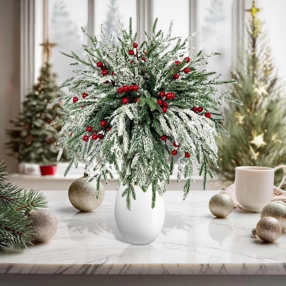 20PCS Plastic Christmas Pine Branches Realistic Decorative Artificial Pine Branches with Red Berries Snow-Capped