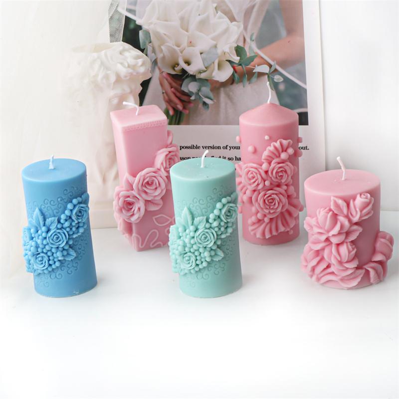 3D Relief Rose Round Column Candle Silicone Mold Rose Column Resin mold DIY Valentine's Chocolate Gifts  Gypsum Mold Home Decor