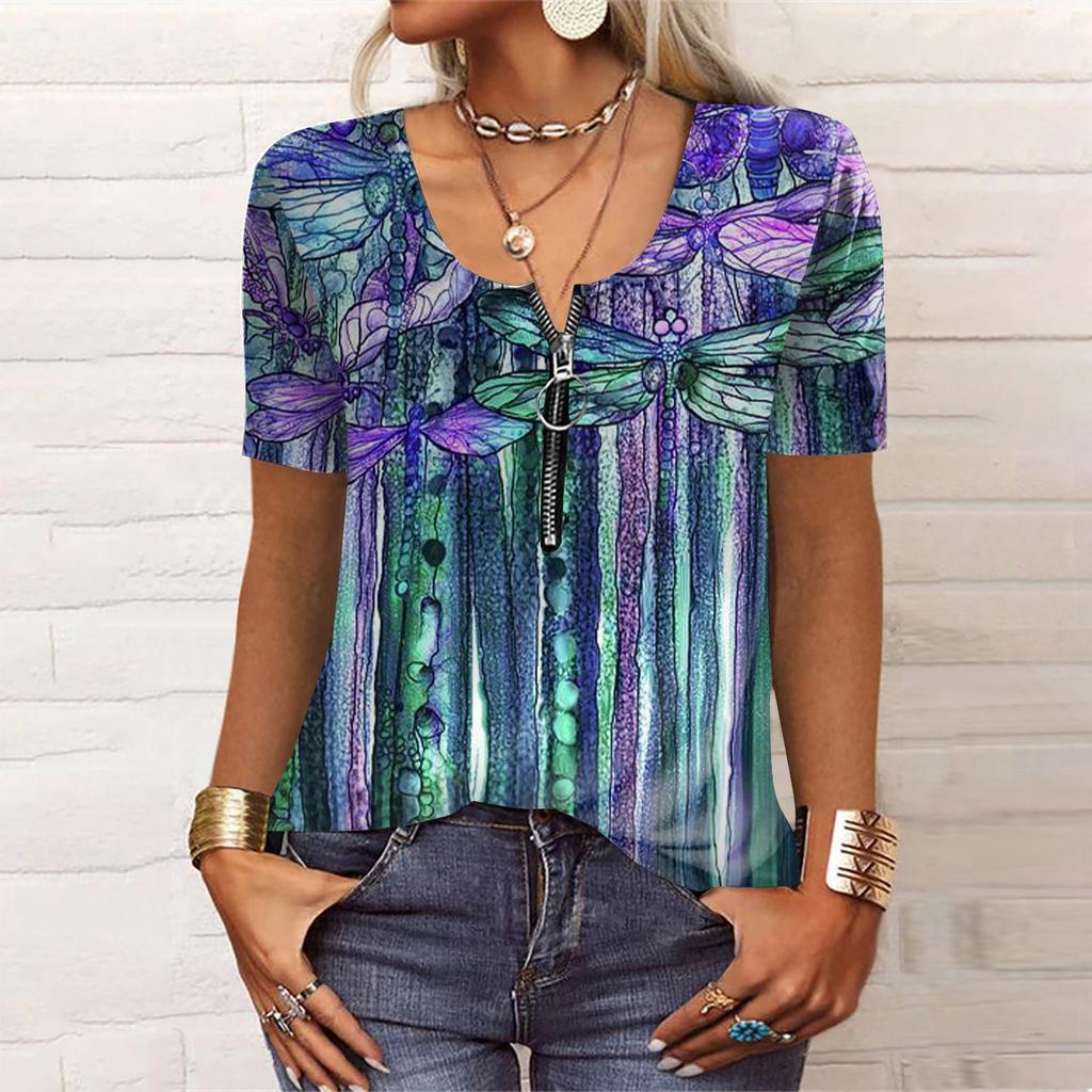 Dame Kortermet Casual Mote Trykk Rund Hals Løs Kortermet Topp