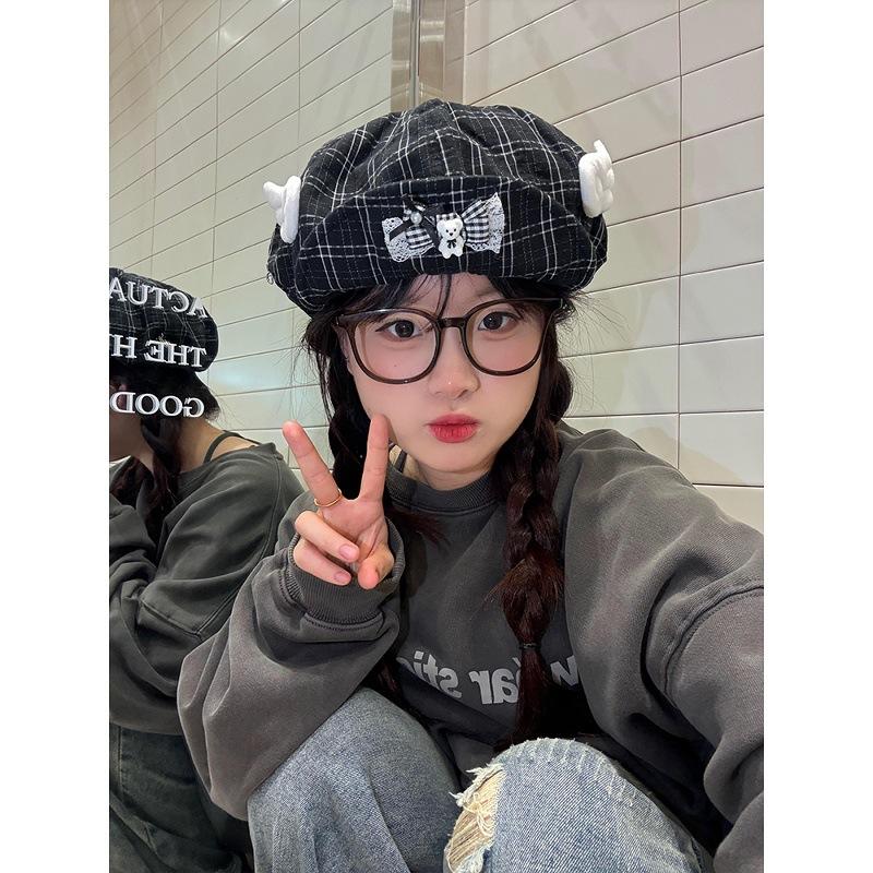 Japanese Cute Plaid Little Bear Wings Cloud Beret Women's Versatile Face Show Small Octagonal Hat Flip Brimmed Painter