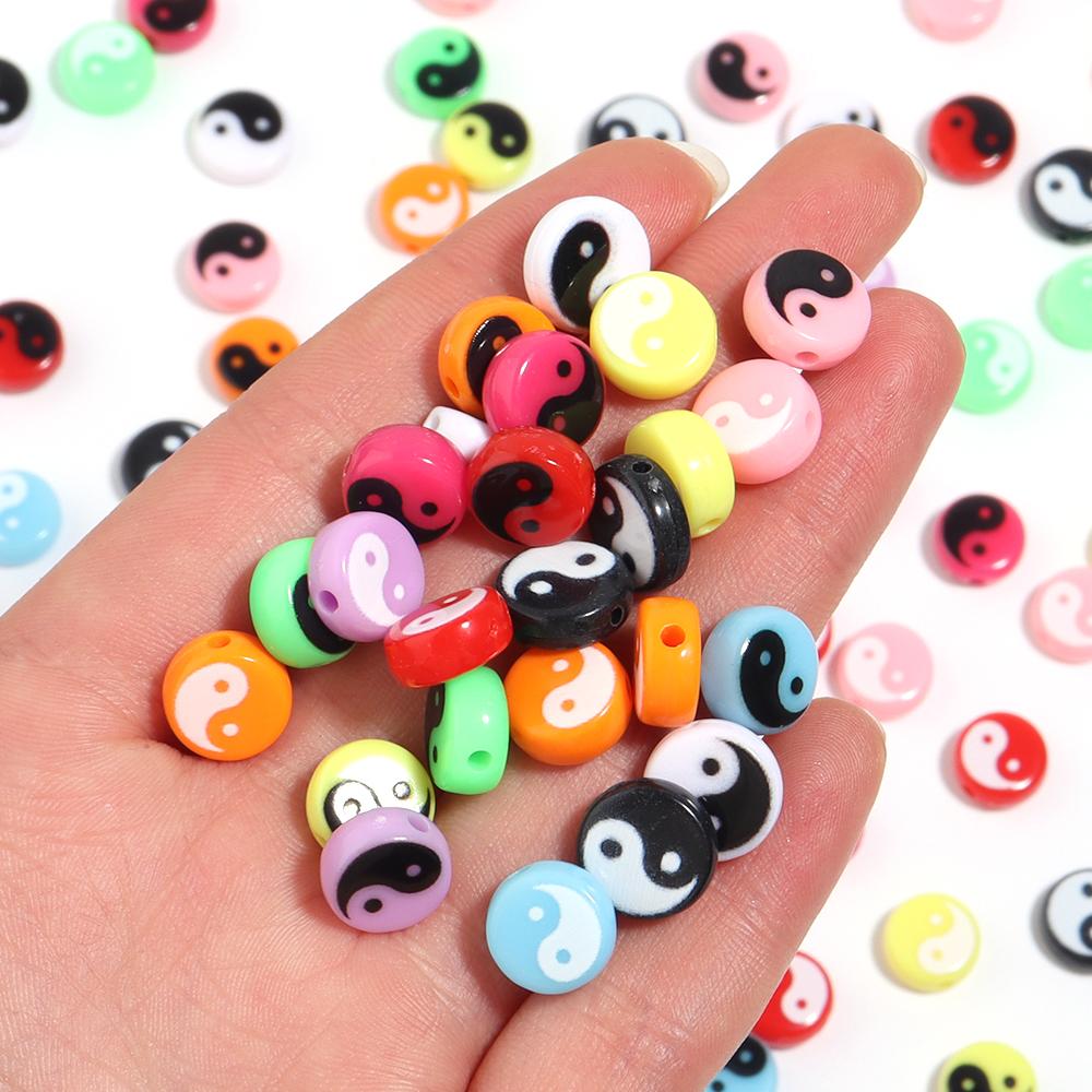 50-100pcs Tai Chi Acrylic Beads Yin Yang Black White Flat Round Loose Beads for Jewelry Making DIY Bracelet Necklace Accessories