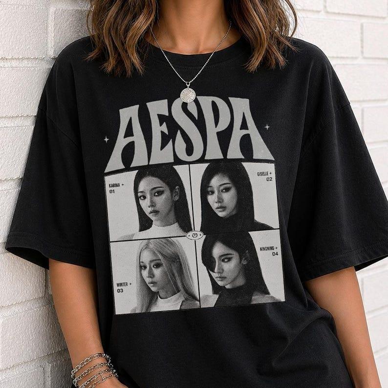 2026 Summer Fashion Trendy Tee Aespa Lemonade Shirt Vintage Portrait Tee Kpop Girl Group Graphic T-shirt Lightweight Breathable Clothes
