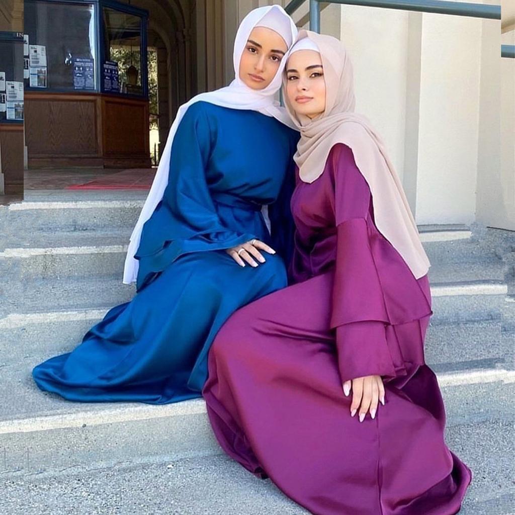 Women's Fashion Solid Color  Long Sleeve Satin Soft Waist And  Dress